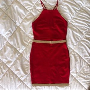 Red Bodycon halter top rhinestone dress mini